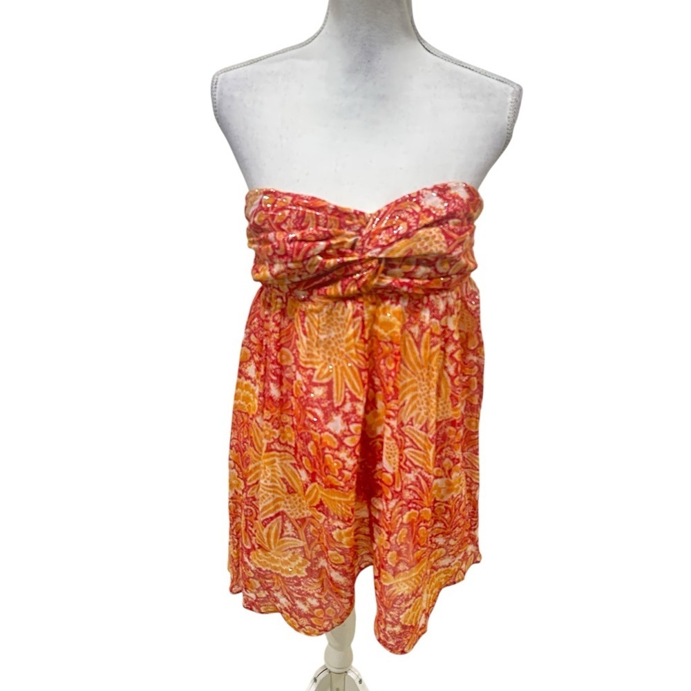 By Anthropologie Coral & orange bird/floral Bandeau mini dress Metallic medium